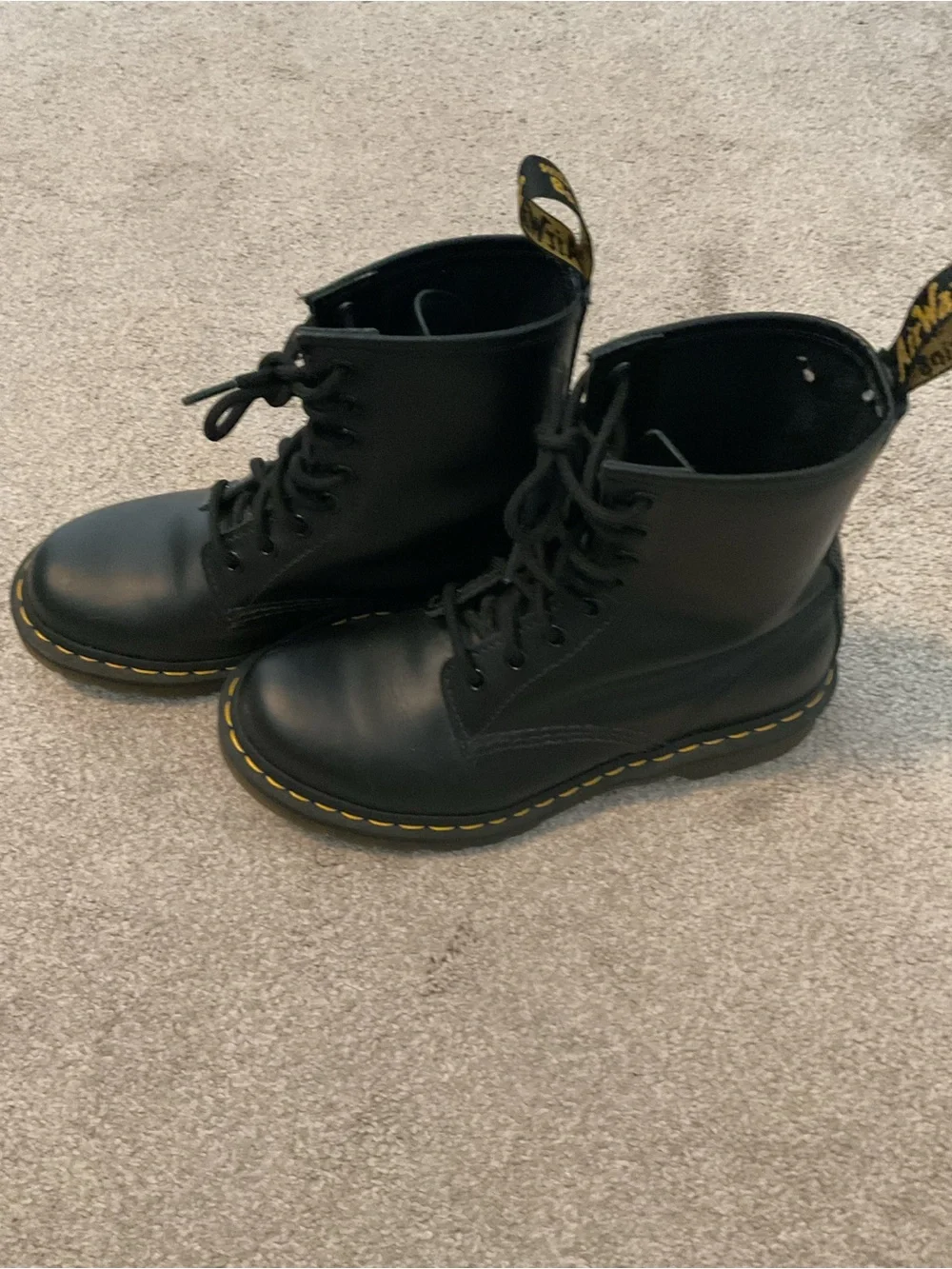 Dr. Martens Black Leather Lace-Up Boots with Yellow Stitching